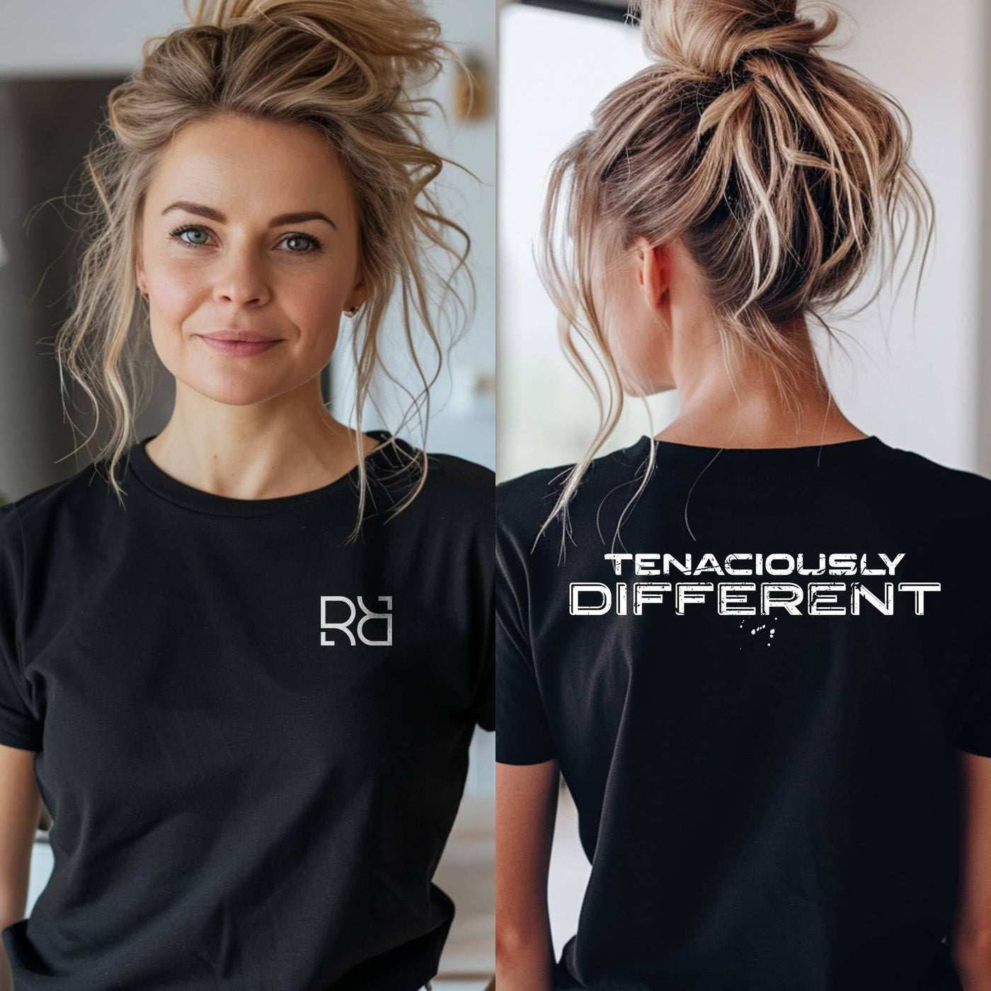 Woman wearing a black t-shirt with a logo and text, shown from front and back.