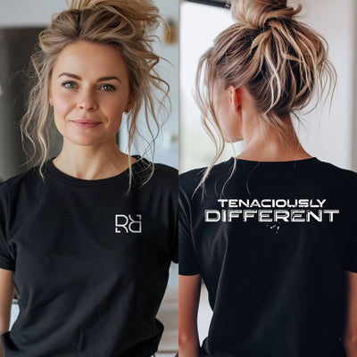 Woman wearing a black t-shirt with a logo and text, shown from front and back.