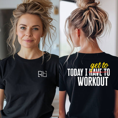 Person wearing a black t-shirt with a brand logo on the front and text on the back.