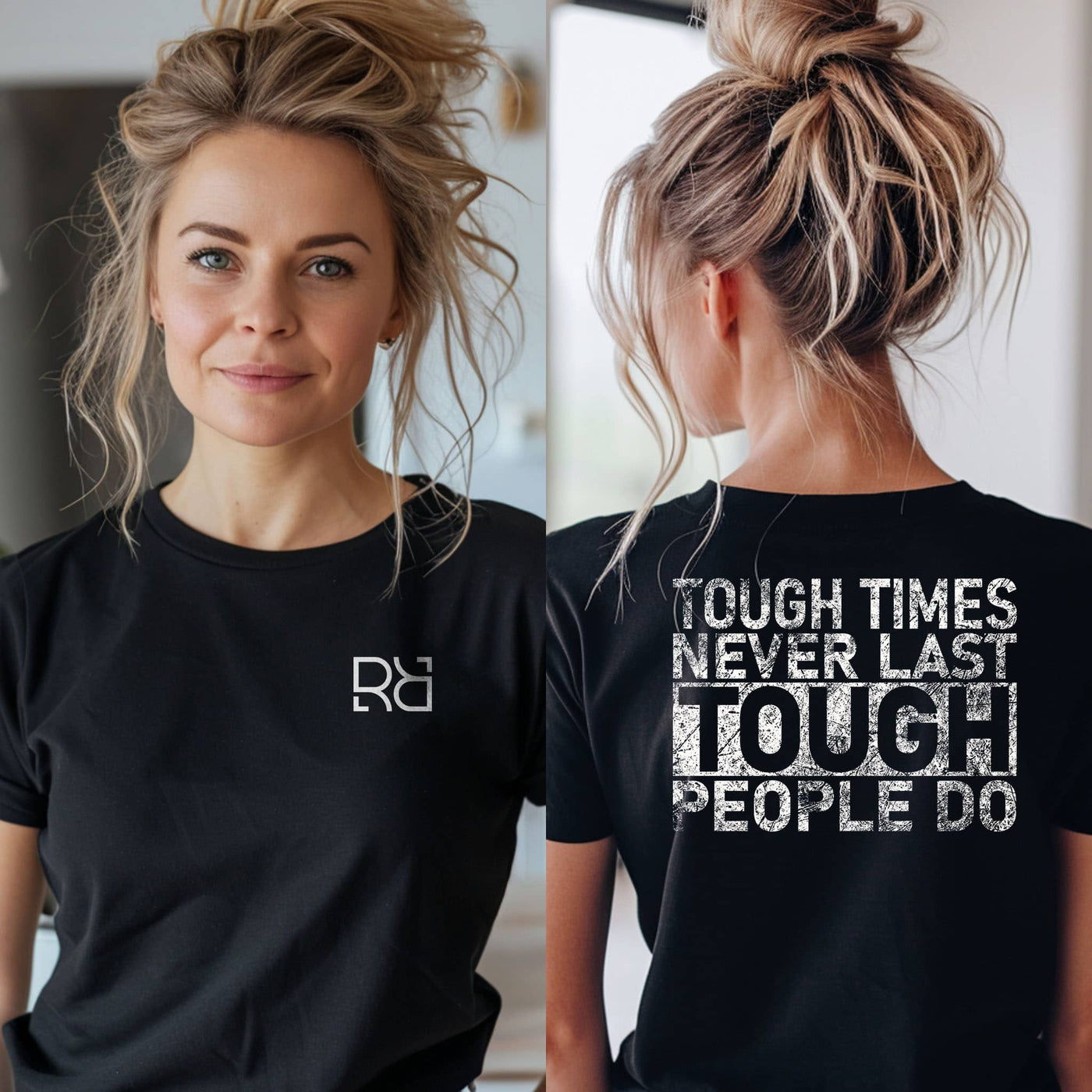 Person wearing a black t-shirt with a logo on the front and text on the back.