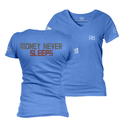 Blue t-shirt with 'Money Never Sleeps' text and brand logo on a white background