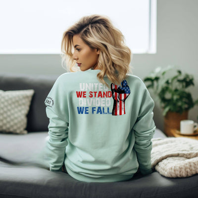 Woman wearing a light blue sweatshirt with a patriotic design in a living room.
