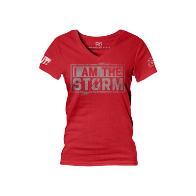 Heather Red Women's I Am The Storm Front Design V-Neck Tee