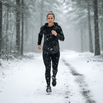 Person running in a snowy forest