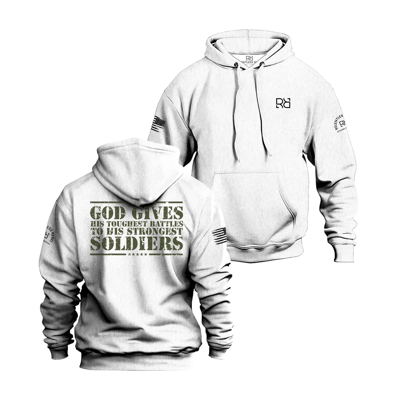 White hoodie with text and logos on a white background
