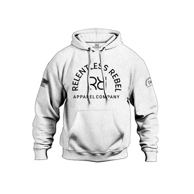 White hoodie with black branding on a white background