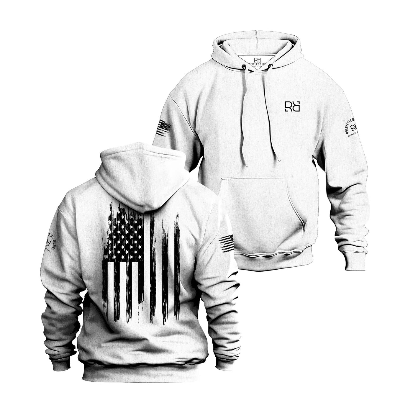 White hoodie with American flag design on front and brand logo on back