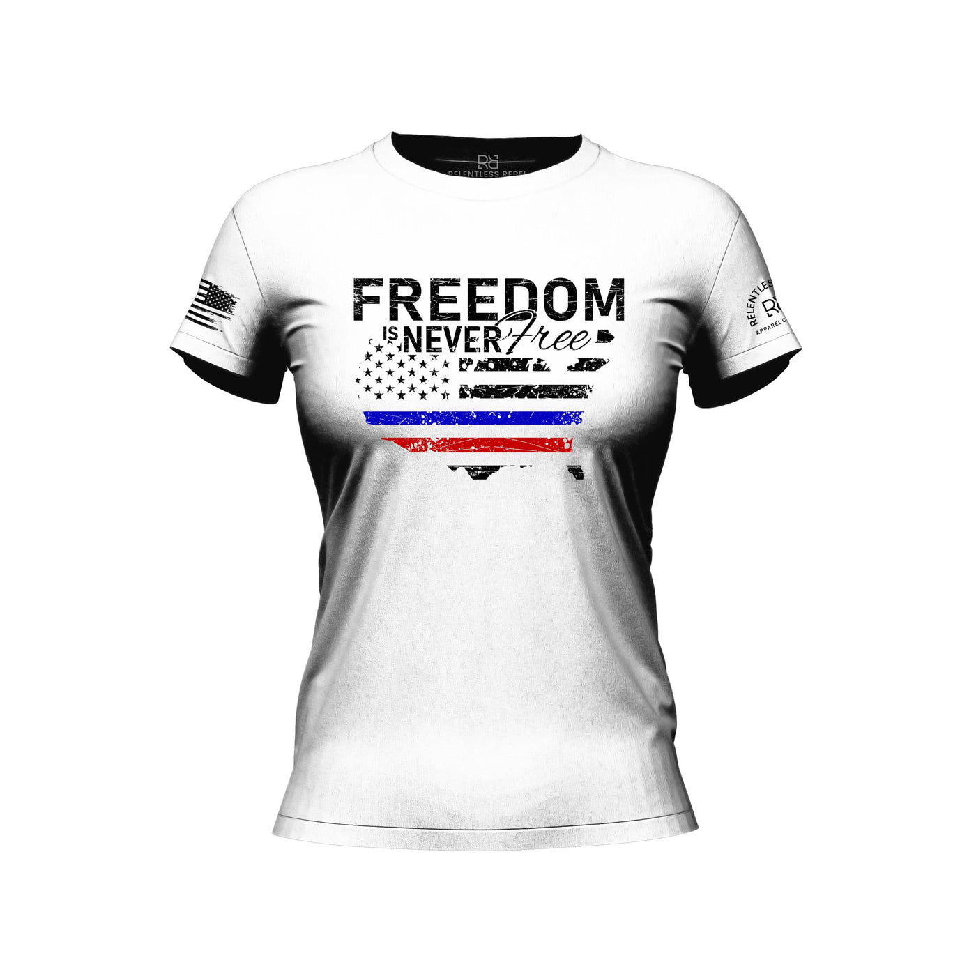 White t-shirt with 'Freedom is Never Free' text and American flag design on a white background