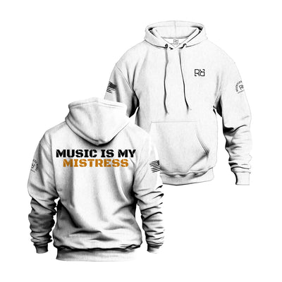 White hoodie with 'Music is my Mistress' text on the back, displayed from front and back views.