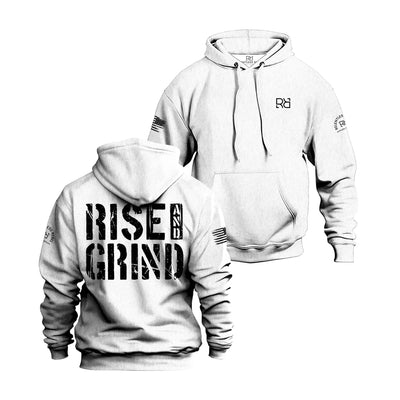 White hoodie with 'Rise & Grind' text on front and back, brand logo on sleeve.