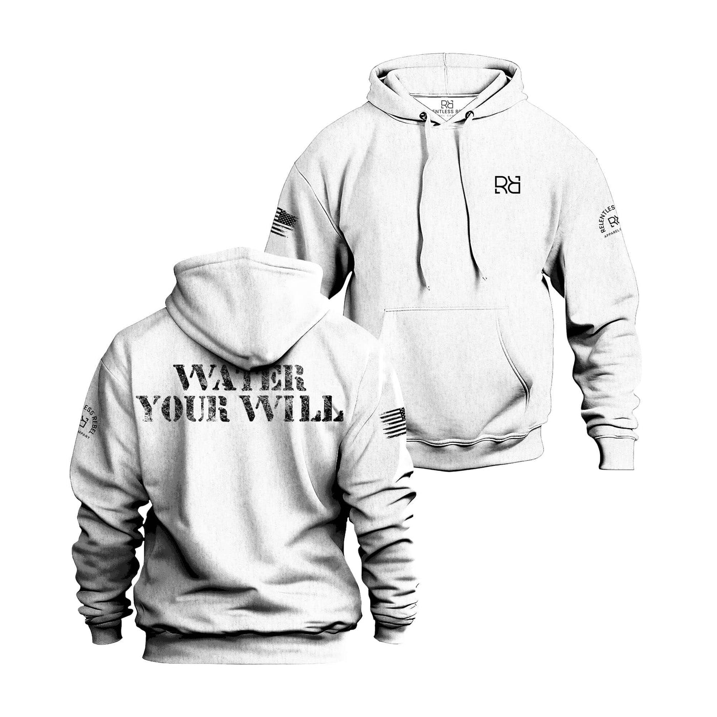 White hoodie with text and logos on a white background