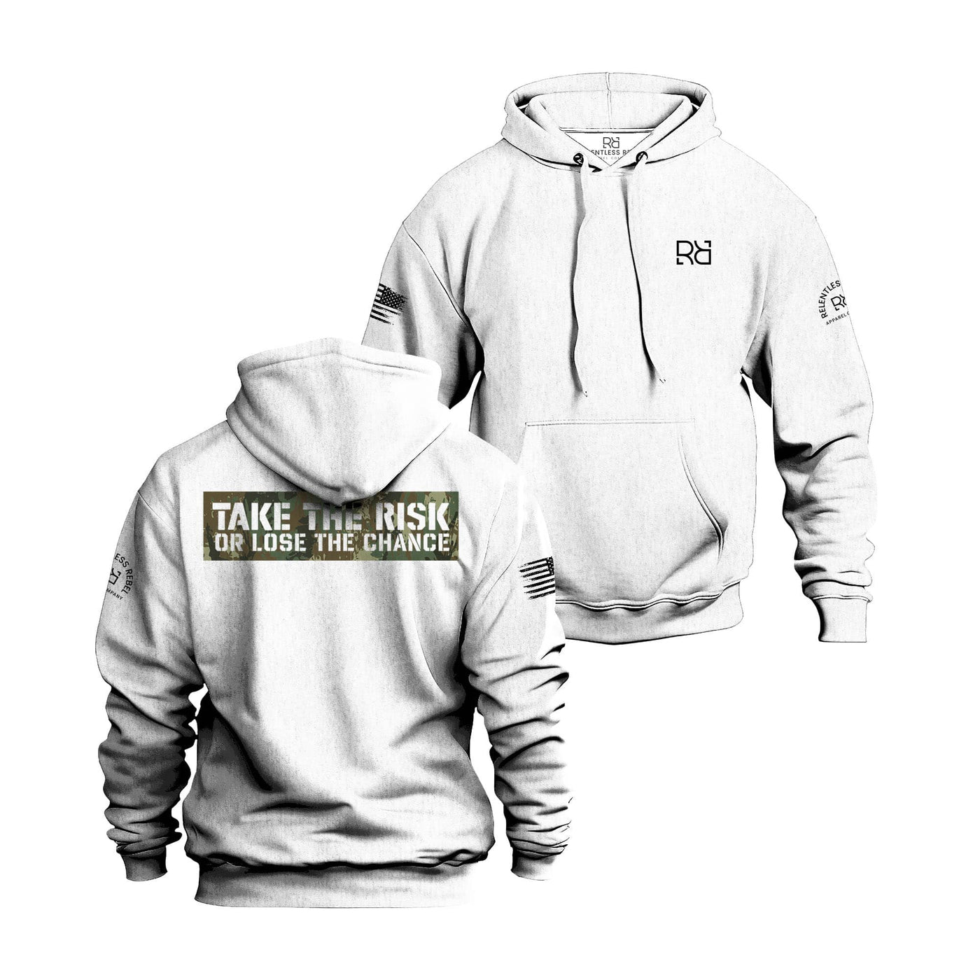White hoodie with text and logos on a white background