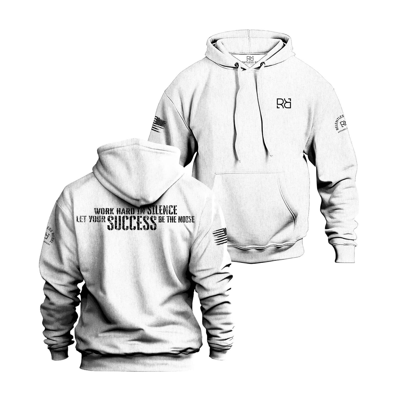 White hoodie with text and logos on front and back on a white background