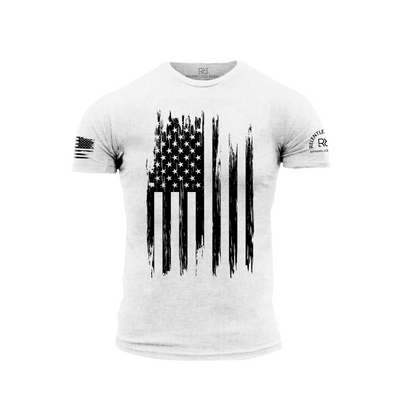 White t-shirt with black American flag design on a white background