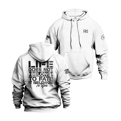 White hoodie with text and logos on a white background