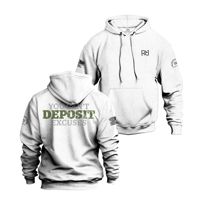 White hoodie with text and logos on front and back, displayed on a white background.