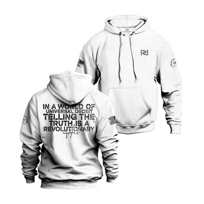 White hoodie with text and logos on a white background