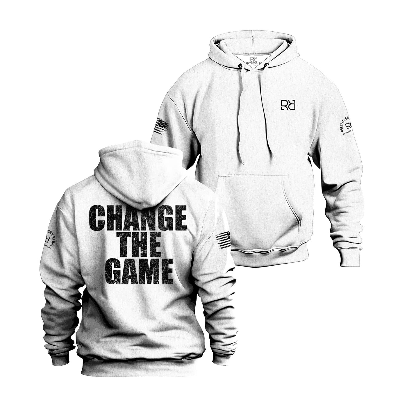 White hoodie with 'Change The Game' text on front and back, featuring logos.