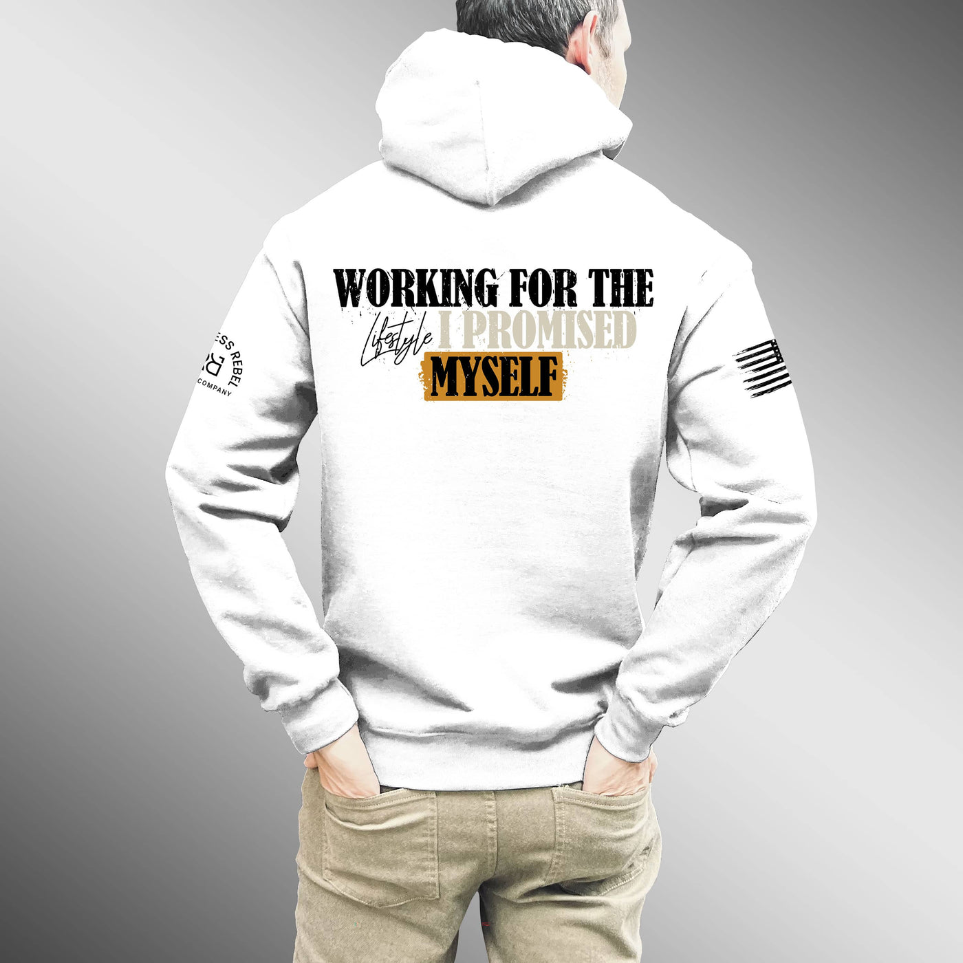 Person wearing a white hoodie with text on the back against a gray background
