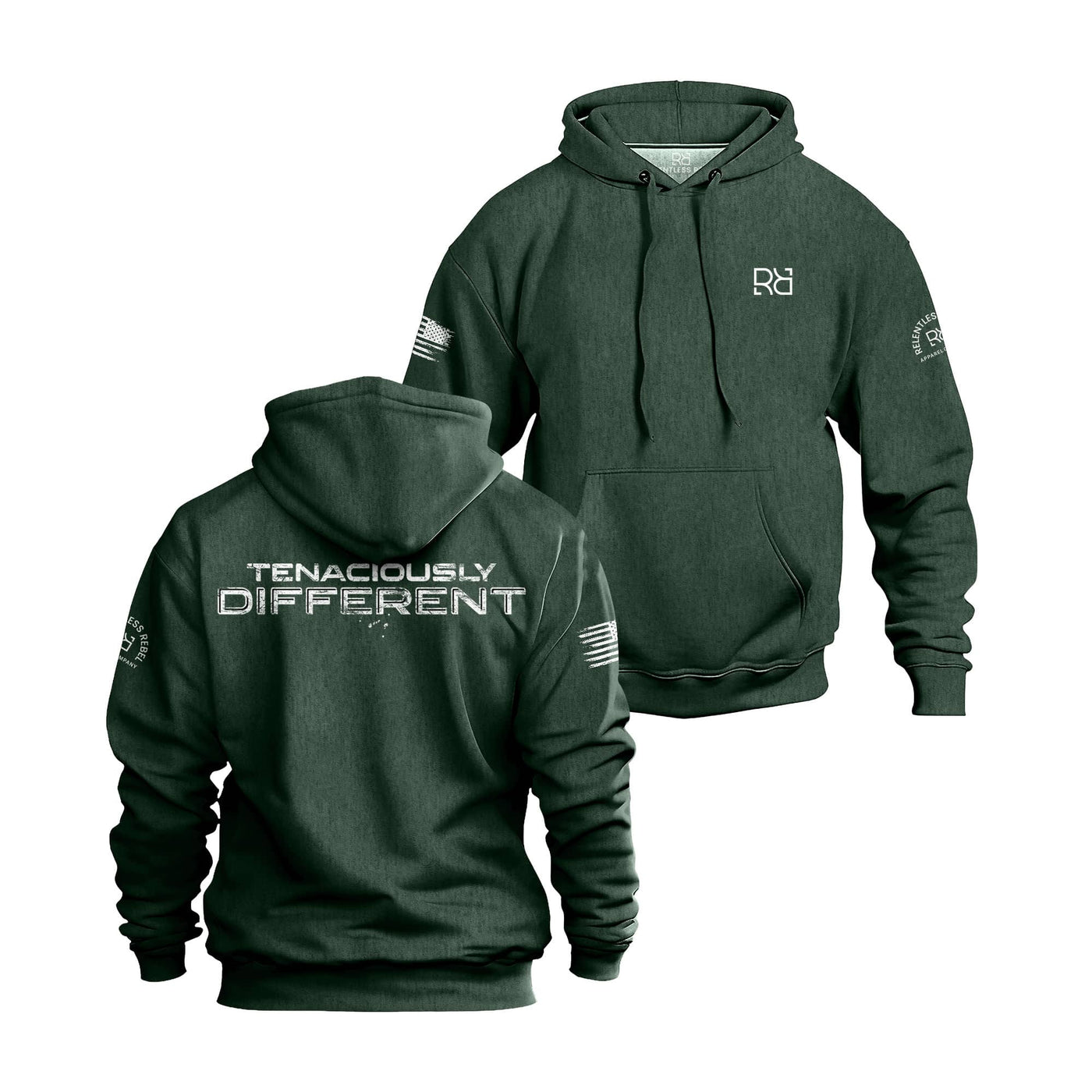 Alpine Green hoodie with 'Tenaciously Different' text on a white background