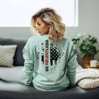 Woman wearing Mint Be Relentless Back Design Sweatshirt