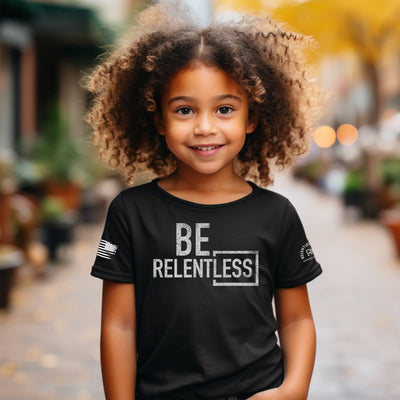 Girl wearing Solid Black Youth Be Relentless Front Design Tee