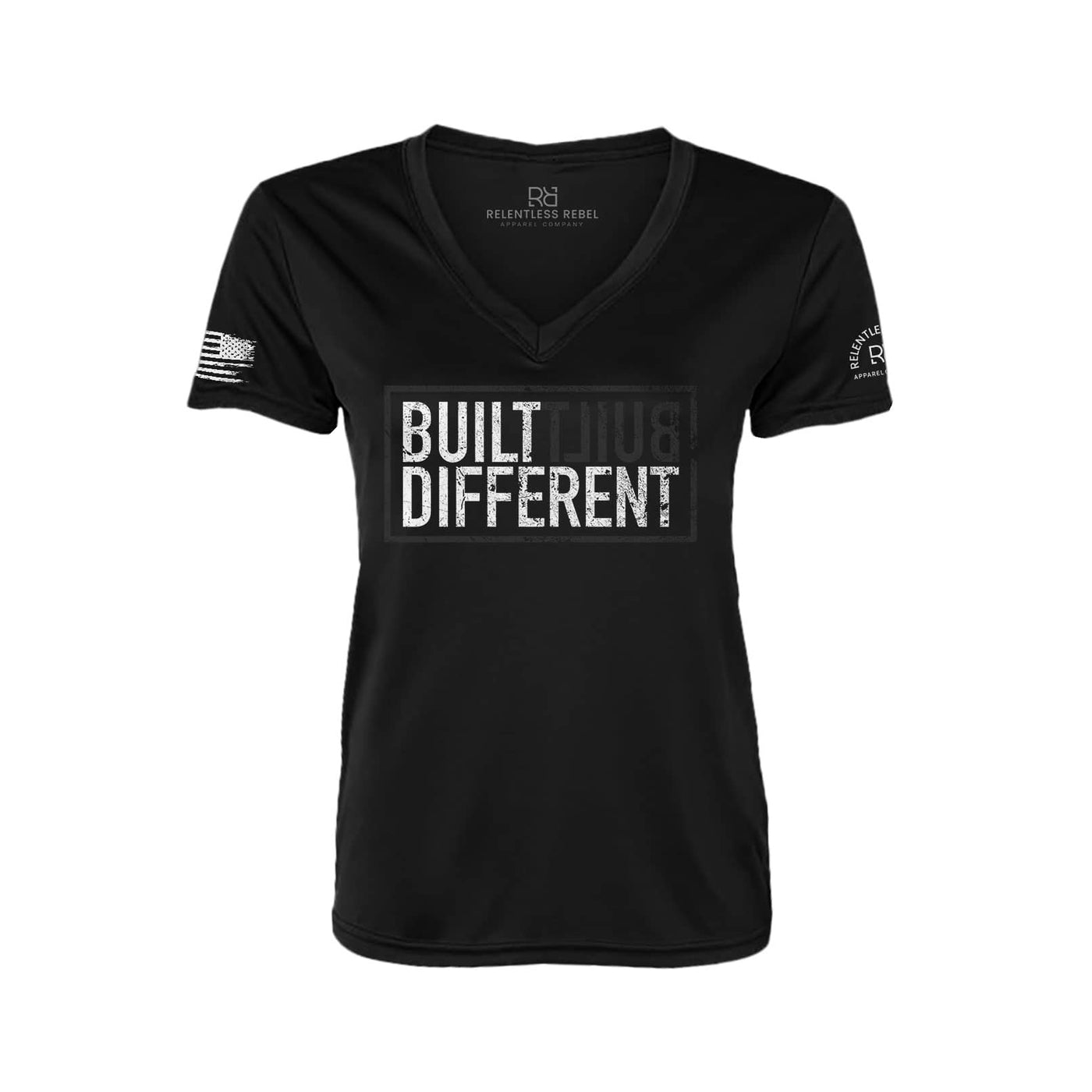 Built Different Solid Black Front Women's V-Neck Dry Fit Tee