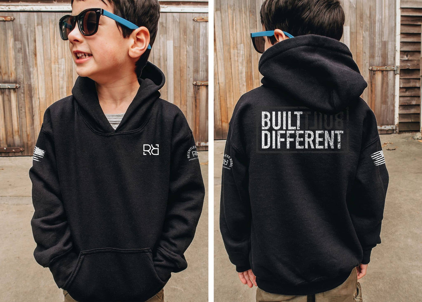 Front and Back View of Boy Wearing Solid Black Youth Built Different Back Design Hoodie