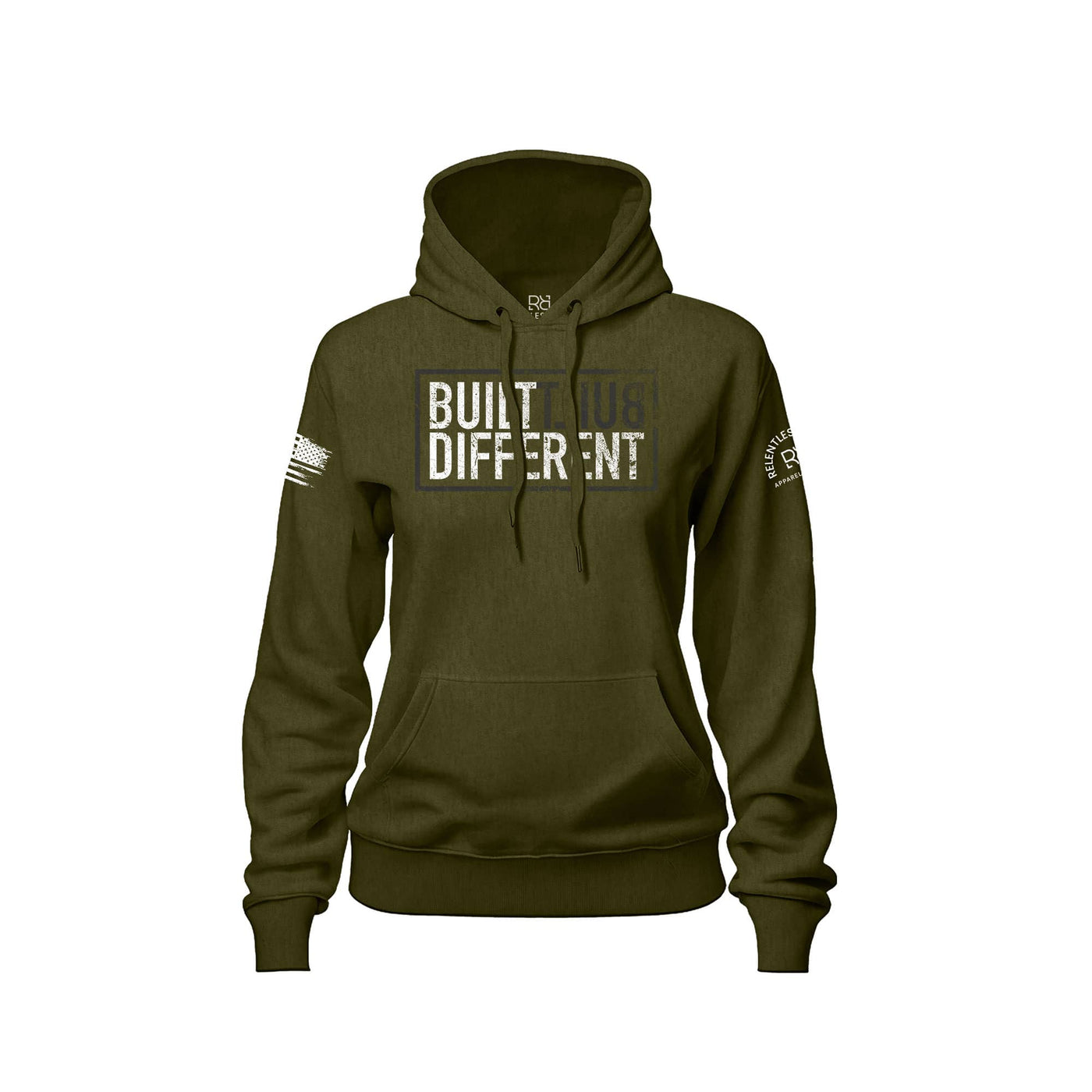 Built Different Women's front design military green hoodie