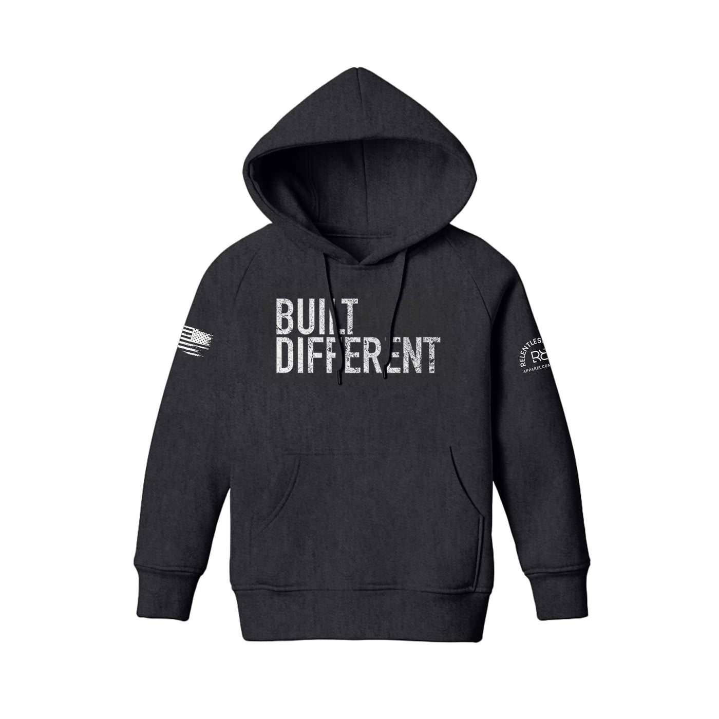 Built Different Youth front design charcoal heather hoodie
