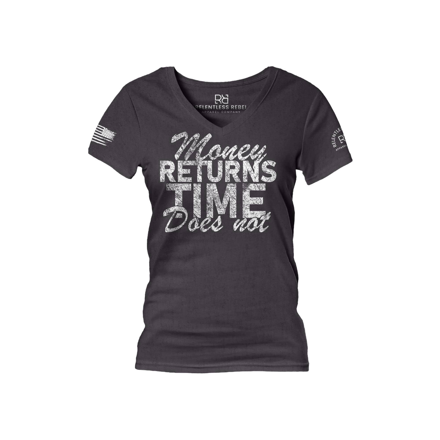 Dark Grey Heather Money Returns Time Does Not Women's V-Neck Tee