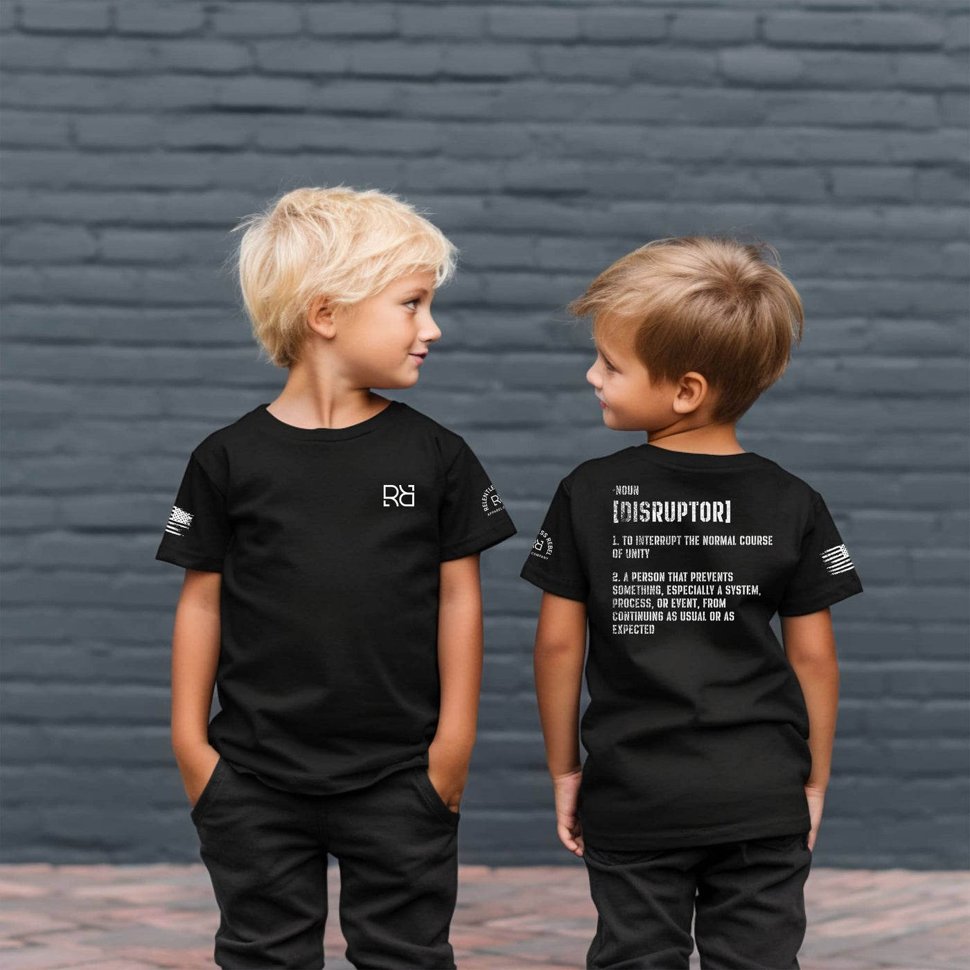 Boys wearing Solid Black The Disruptor Back Design Youth Tee