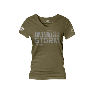 Military Green Women's I Am The Storm Front Design V-Neck Tee
