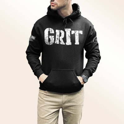 Man wearing Solid Black Men's Grit Front Design Hoodie