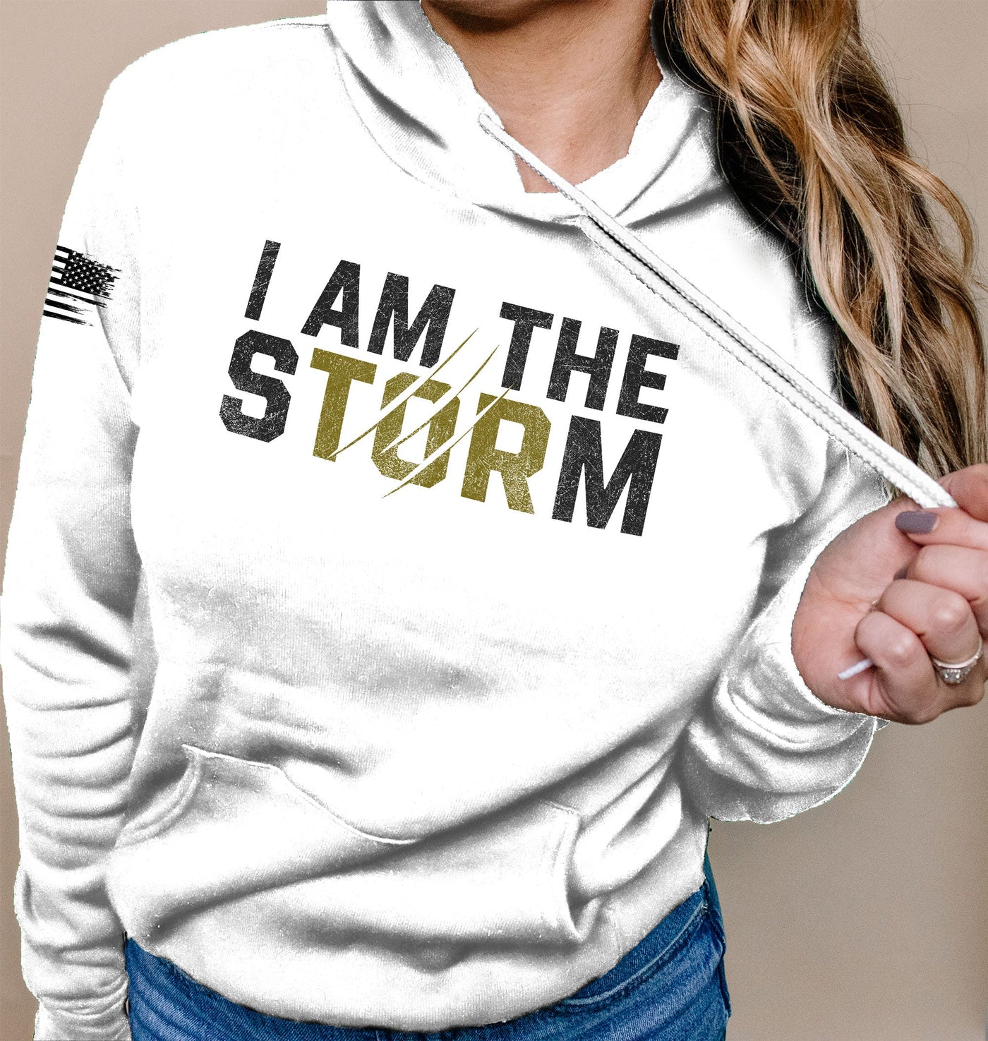 Woman wearing Relentless White Women's I Am The Storm Front Design Hoodie