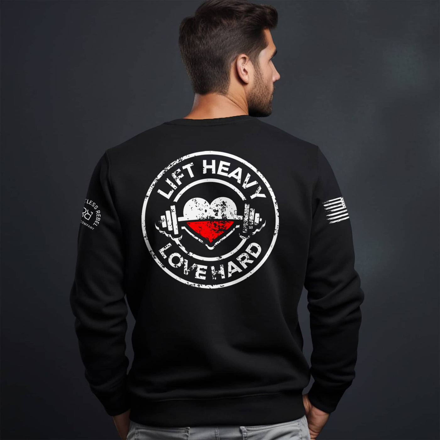 Man wearing Solid Black Lift Heavy Love Hard Back Design Sweatshirt