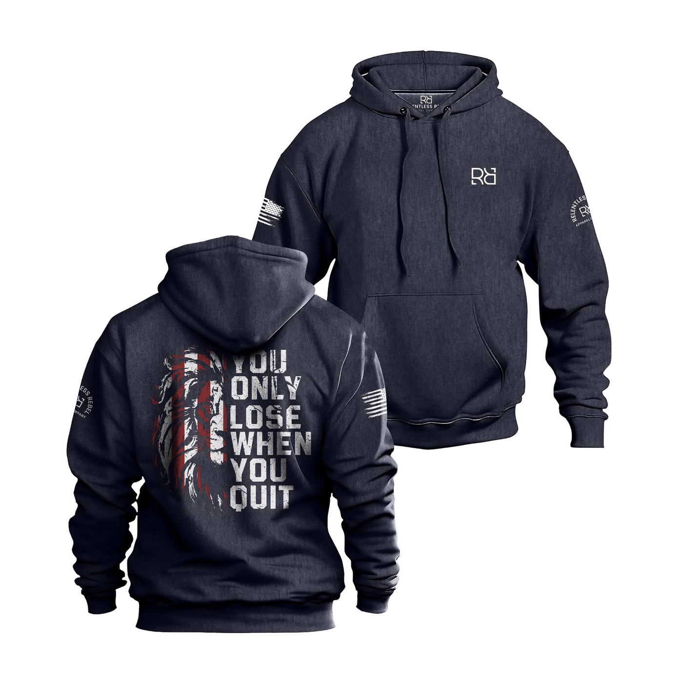 Navy Heather Men's You Only Lose When You Quit Back Design Hoodie