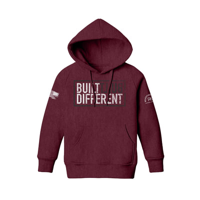 Built Different Youth front design maroon hoodie