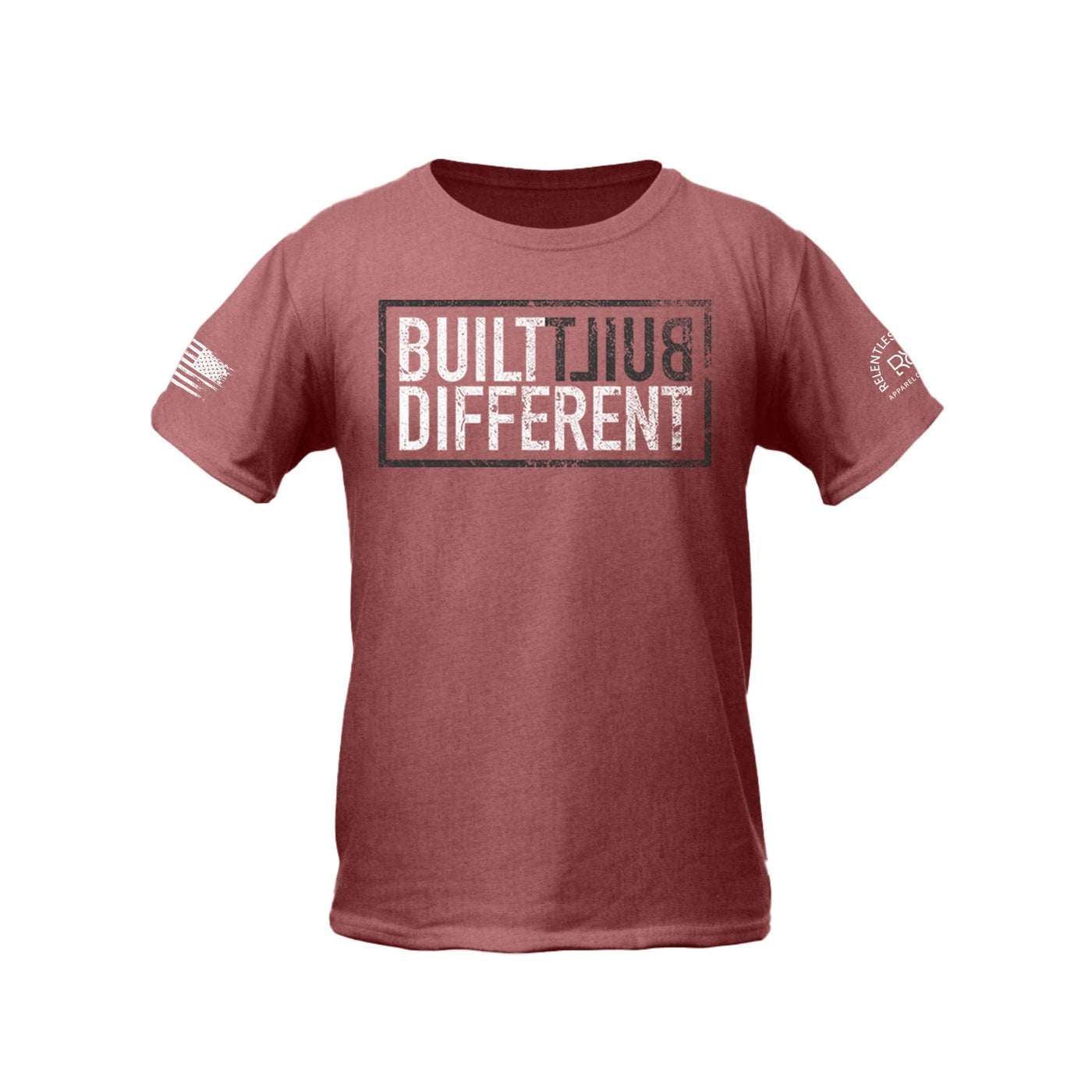 Built Different Youth front design heather mauve tee