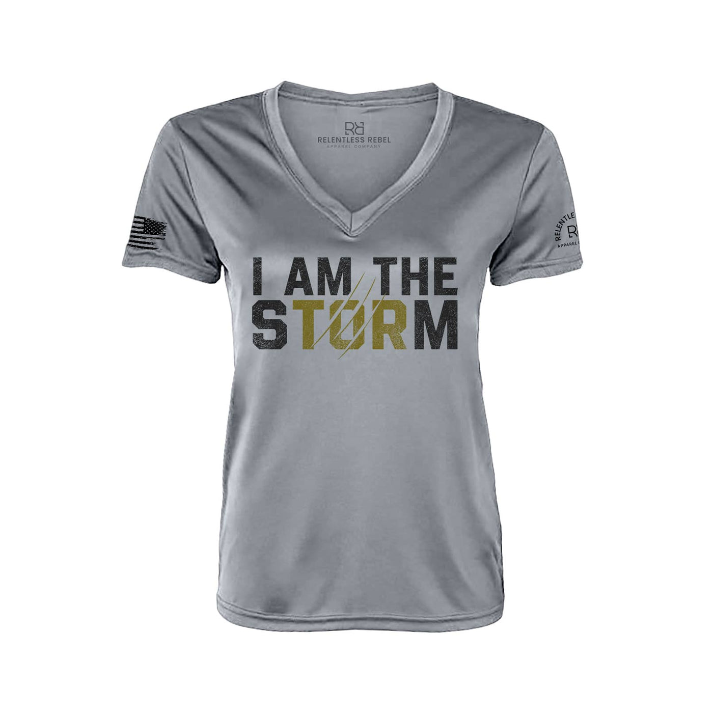 I Am The Storm Medium Grey Women's V-Neck Dry Fit Tee