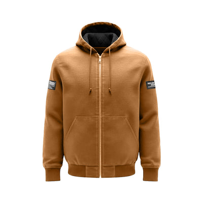 Men’s brown field jacket with patches on each sleeve