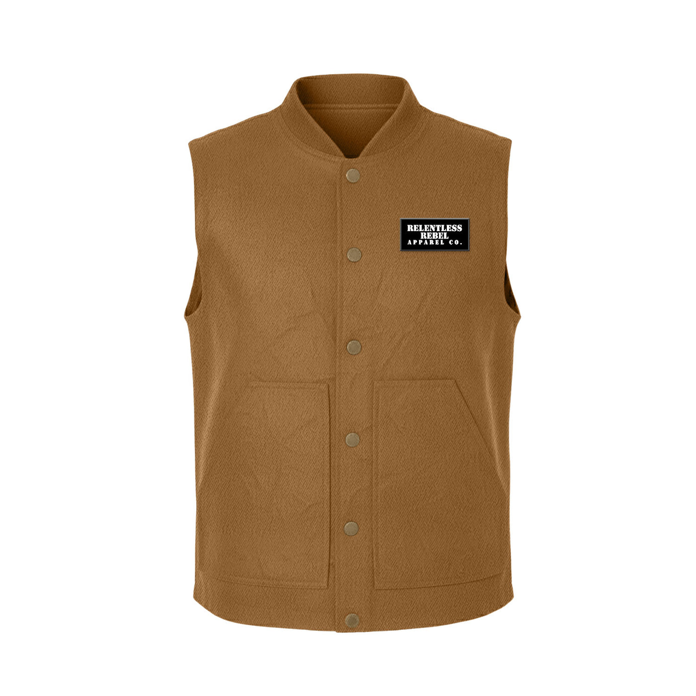 Men’s brown vest with Relentless Rebel Apparel on chest.