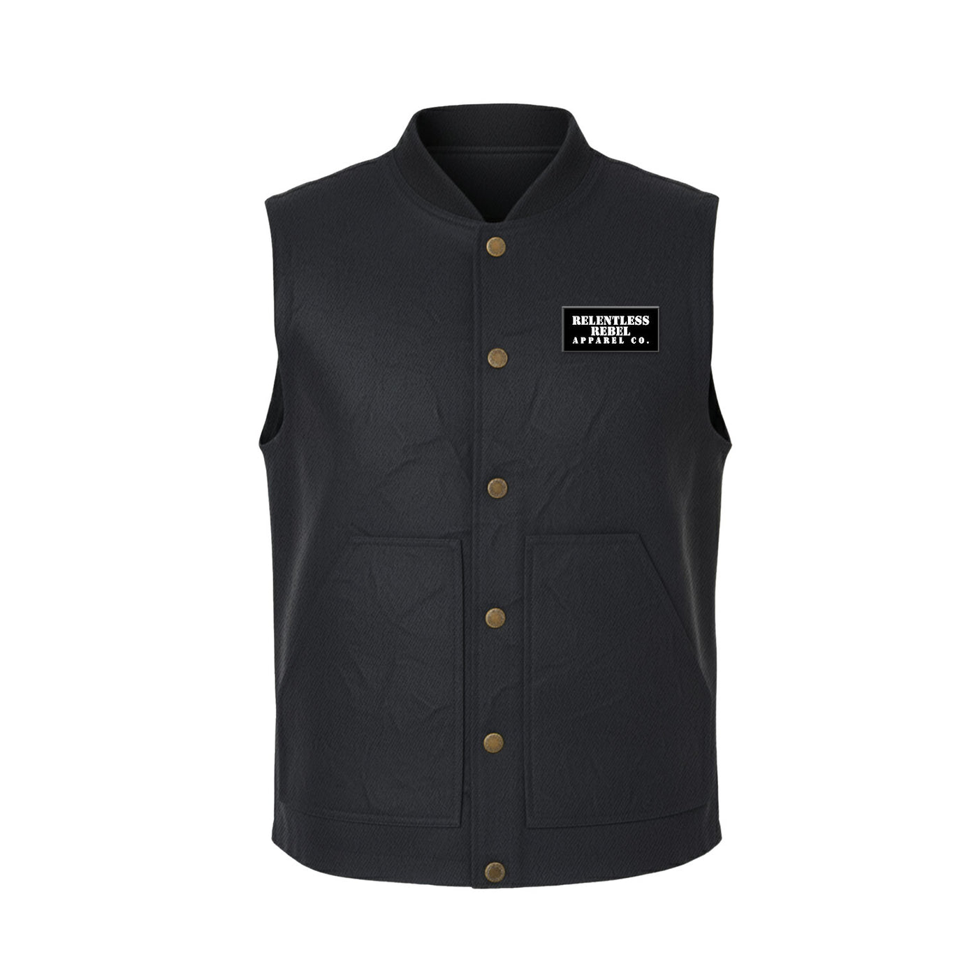 Men’s black vest with Relentless Rebel Apparel on chest