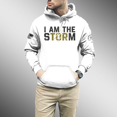 Man wearing Relentless White Men's I Am The Storm Front Design Hoodie