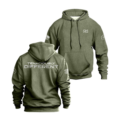 Military Green hoodie with front and back views on a white background