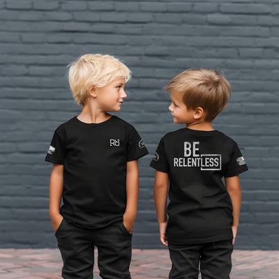 Boys wearing Solid Black Youth Be Relentless Back Design Tee
