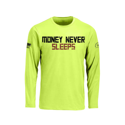 Safety Green long-sleeve shirt with 'Money Never Sleeps' text on a white background