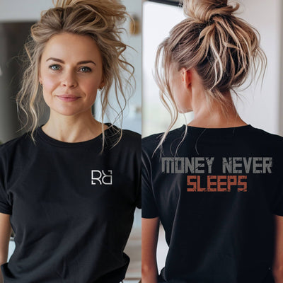 Person wearing a black t-shirt with a logo on the front and text on the back.