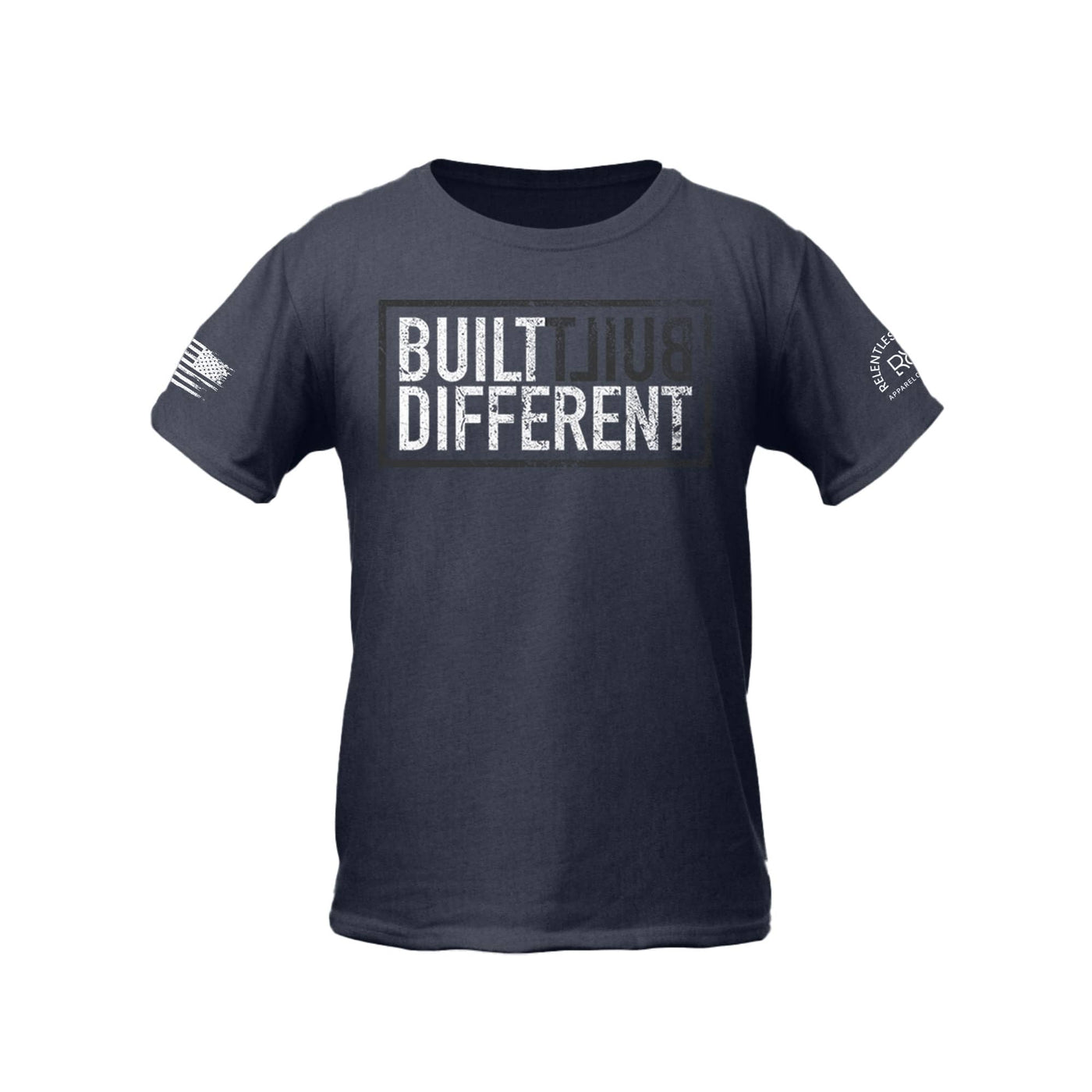 Built Different Youth front design heather navy tee