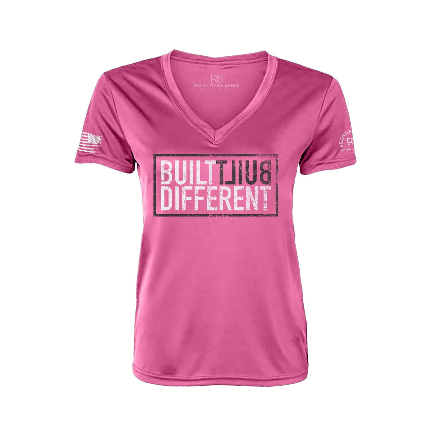 Built Different Neon Pink Front Women's V-Neck Dry Fit Tee